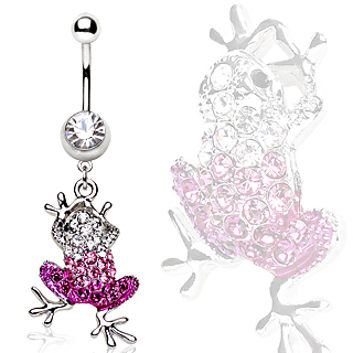 Piercing nombril pendentif grenouille � strass clairs et roses