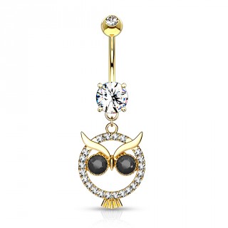 Piercing nombril pendentif hibou rond - Plaqu� or