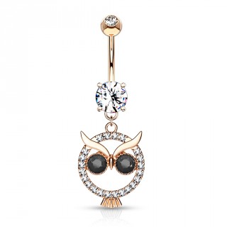 Piercing nombril pendentif hibou rond - Plaqu� or rose