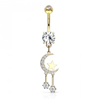 Piercing nombril pendentif lune � �toiles suspendues - Plaqu� or
