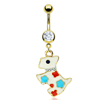 Piercing nombril petit chien plaqu� or et tachet� � collier de pierres