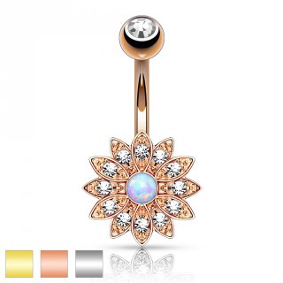 Piercing nombril petite fleur � 12 p�tales avec Opale et strass