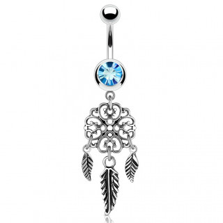 Piercing nombril pi�ge � r�ves � 3 plumes et strass aqua
