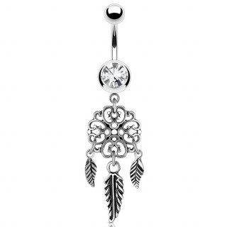 Piercing nombril pi�ge � r�ves � 3 plumes et strass clair