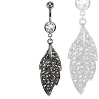 Piercing nombril plaqu� h�matite avec feuille pav�e de pierres