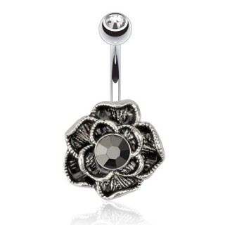 Piercing nombril plaqu� h�matite avec fleur � pierre noire