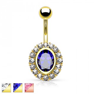 Piercing nombril plaqu� or � pierre ovale bord�e de strass
