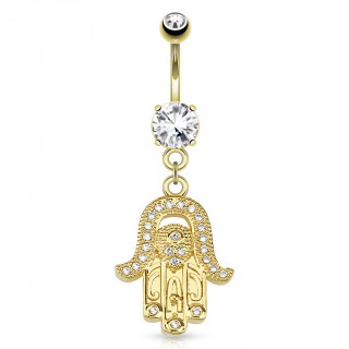 Piercing nombril plaqu� or avec main de fatma pav�e de pierres
