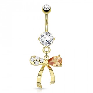 Piercing nombril plaqu� or avec noeud de f�te � strass