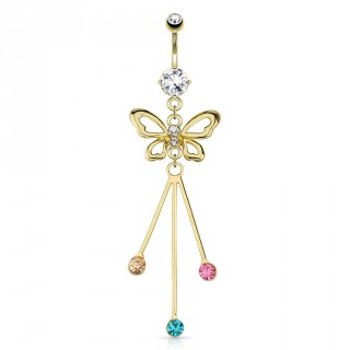 Piercing nombril plaqu� or avec papillon et barettes serties