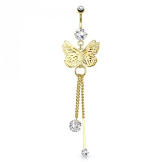 Piercing nombril plaqu� or avec papillon et chaines � pierres rondes