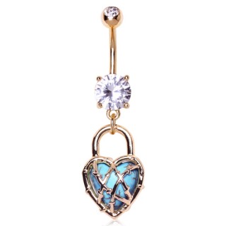 Piercing nombril plaqu� or coeur cadenas avec turquoise