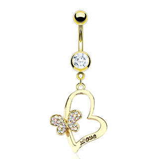 Piercing nombril plaqu� or coeur et papillon pav� de pierres