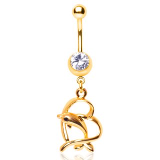 Piercing nombril plaqu� or duo coeur et dauphin