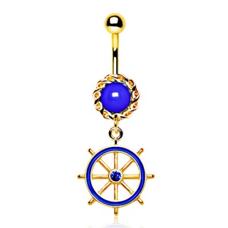 Piercing nombril plaqu� or et bleu � barre (roue) de bateau