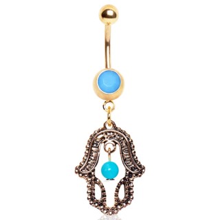 Piercing nombril plaqu� or hamsa vintage ouverte avec turquoises