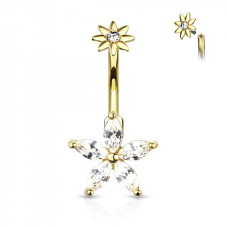 Piercing nombril plaqu� or jaune � fleurs zirconiums (filetage interne)