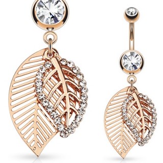Piercing nombril plaqu� or rose � Duo de feuilles