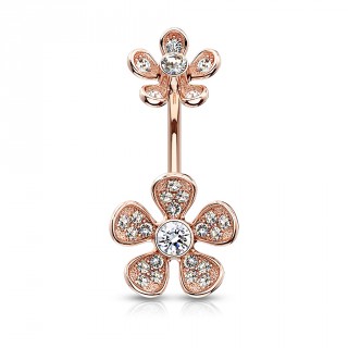 Piercing nombril plaqu� or rose fleurs � p�tales pav�s de strass