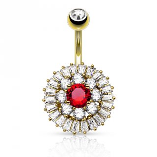 Piercing nombril plaqu� or style bouton de fleur majestueux � strass clairs et rouge