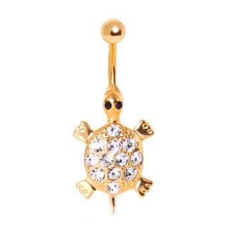 Piercing nombril plaqu� or tortue de mer au dos pav� de strass