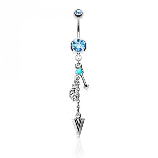 Piercing nombril � plume, fl�ches et perle turquoise - bleu aqua