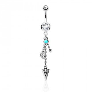 Piercing nombril � plume, fl�ches et perle turquoise - clair