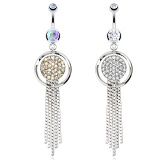 Piercing nombril rond cercl� empli de pierres avec chainettes