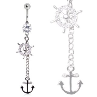 Piercing nombril roue de bateau � strass et ancre marine