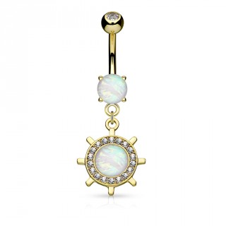 Piercing nombril roue de bateau (barre) � Opales plaqu� or