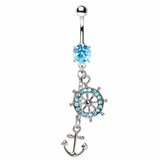 Piercing nombril roue de navire � strass bleus et ancre marine