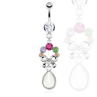 Piercing nombril ruban surmont� de pierres et goutte suspendue