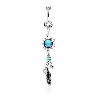 Piercing nombril soleil tribal � turquoise, plumes et fl�che - clair