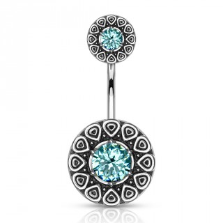 Piercing nombril soleils tribaux - Gris antique - Bleu aqua