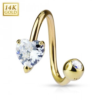 Piercing nombril spirale Or 14 carats � coeur zirconium