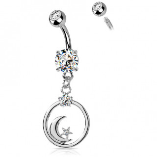 Piercing nombril strass � lune et �toile cercl�es