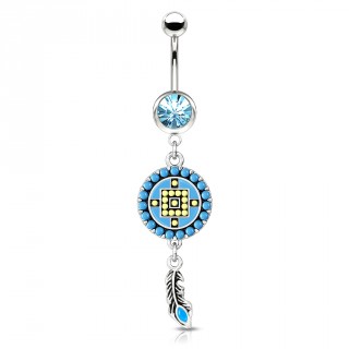 Piercing nombril style Azt�ques bleu et jaune � plume