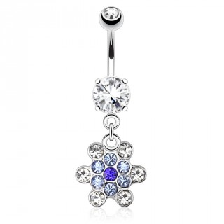 Piercing nombril style flocon de neige � strass bleus et clairs
