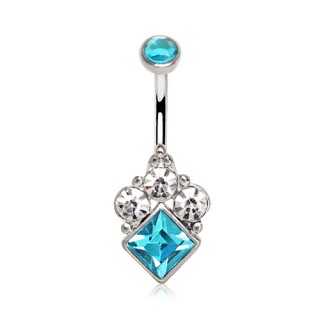 Piercing nombril style victorien � losange bleu surmont� de strass clair