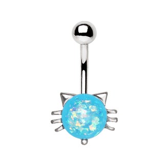 Piercing nombril t�te de chat � opale bleue