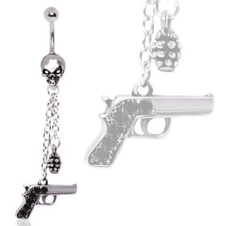 Piercing nombril t�te de mort � pendentifs pistolet et grenade