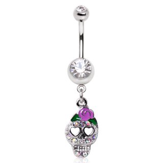Piercing nombril t�te de mort � strass avec rose