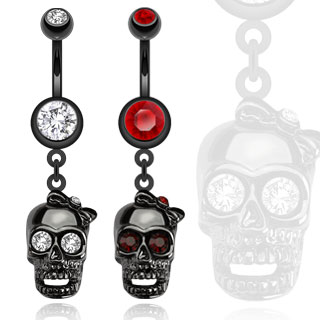 Piercing nombril t�te de mort noire avec noeud