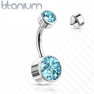 Piercing nombril titane G23 � disques sertis - Bleu aqua (filetage interne)
