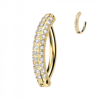 Piercing nombril Titane dor� � charni�re pav� de 3 rang�es de zirconiums
