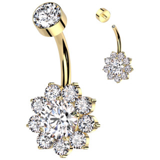 Piercing nombril Titane dor� � fleur de zirconiums (filetage interne)