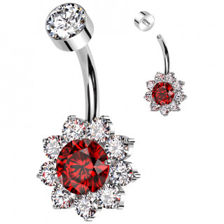 Piercing nombril Titane � fleur de zirconiums rouges et clairs (filetage interne)