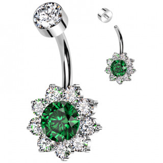 Piercing nombril Titane � fleur de zirconiums verts et clairs (filetage interne)