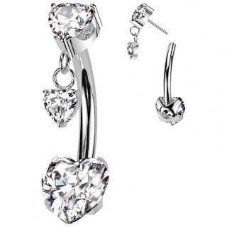 Piercing nombril Titane � zirconiums en coeurs � pendentif (push-in)
