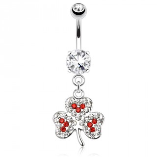 Piercing nombril tr�fle � 3 feuilles � strass clairs et rouges